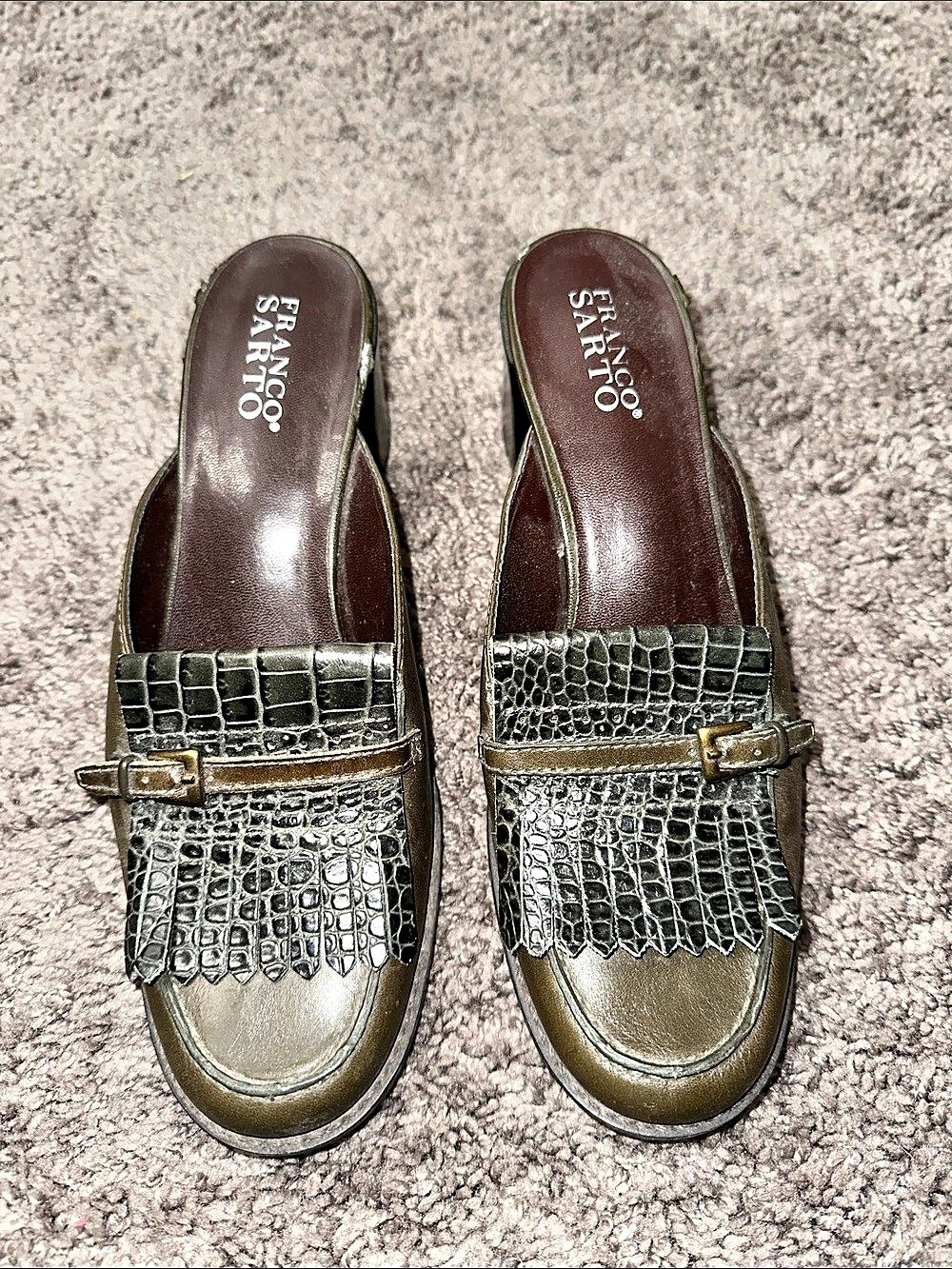 Franco Sarto Animal Print Mule Heels in Olive & Brown